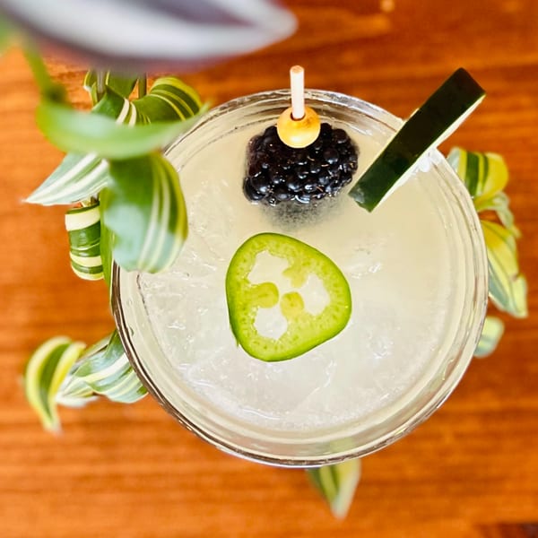 Overhead view of a cocktail with ice, a jalapeño slice, blackberries, and cucumber garnish.